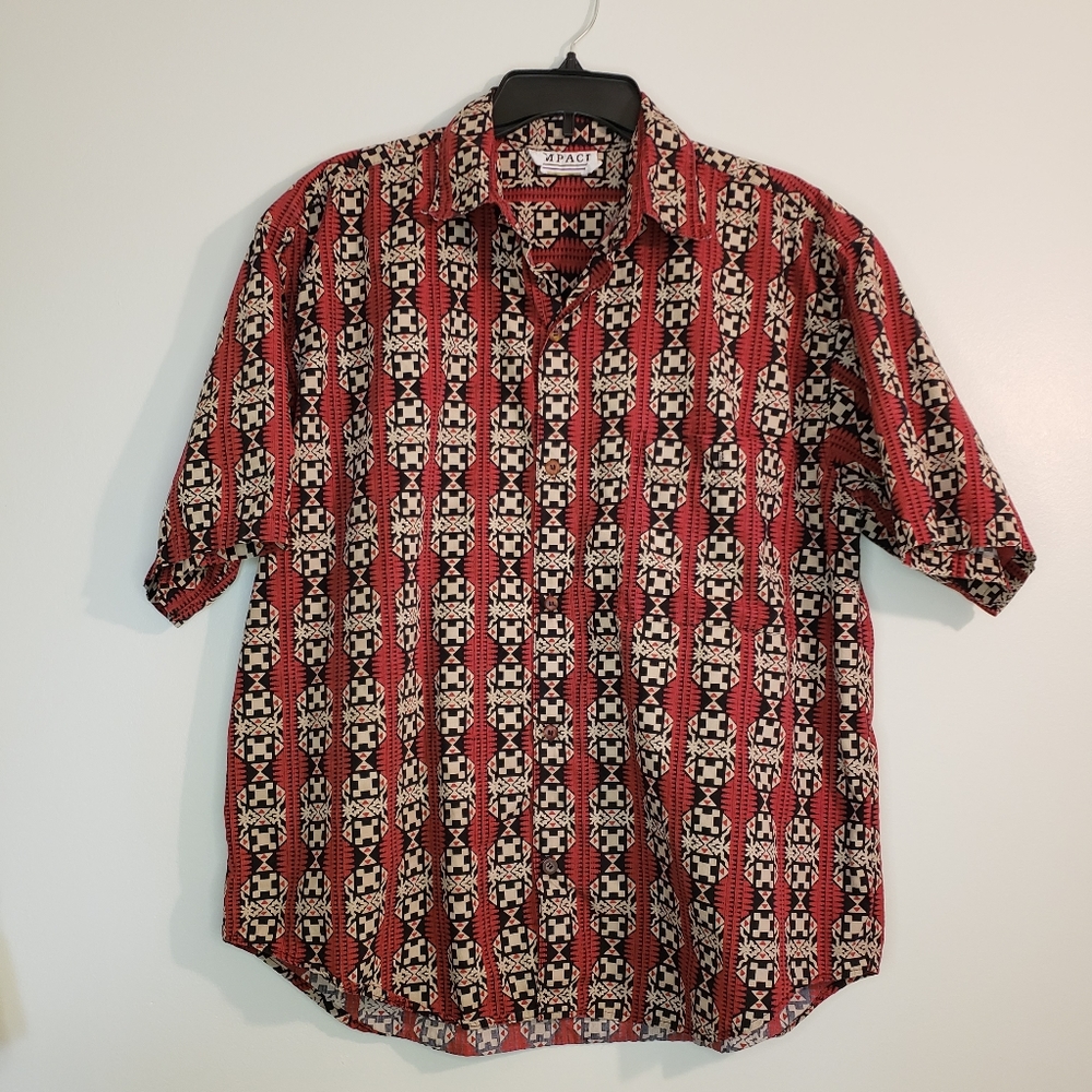 90s Impact Shirt Short Sleeve Button Up Mens ?m? Geometric Vintage Rust Beige